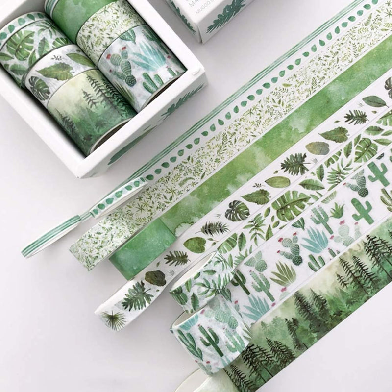 8 Rolls Washi Tape Set, Cute Green Plants Floral Animals, Decorative Tape For