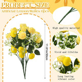 6 Pcs Valentines Day Floral Decorations 12'' Artificial Yellow Flower Picks Silk Rose Fake Lemon Decor Branches With Stem For Home Table Centerpiece Vase Farmhouse Summer Party Favors