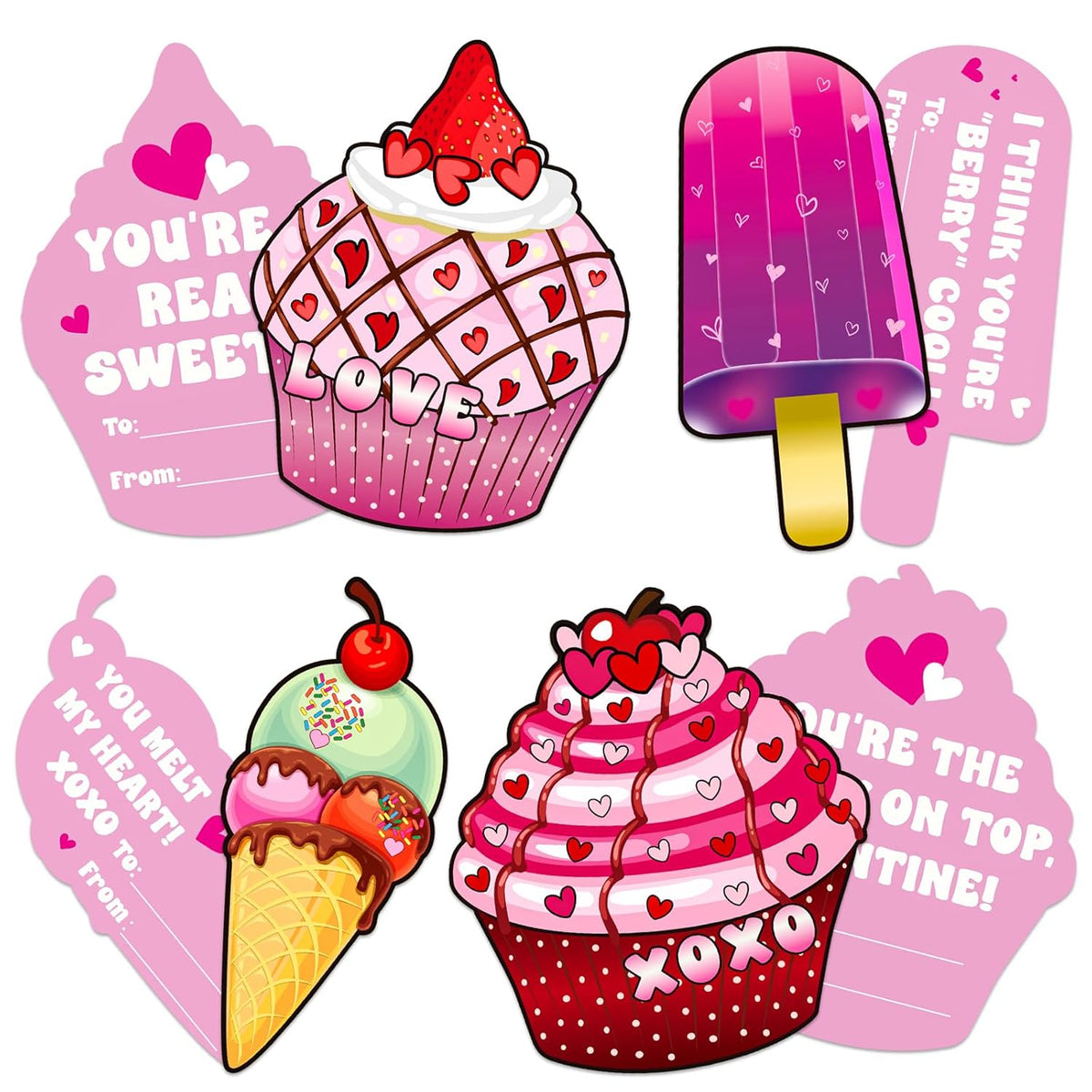 Valentines Cards For Kids Classroom 28 Pack - Cupcake & Ice Cream Sweet Valentines Day Cards With Envelopes For School Party, Gift Exchange | Cute, Funny Cards For Boys And Girls