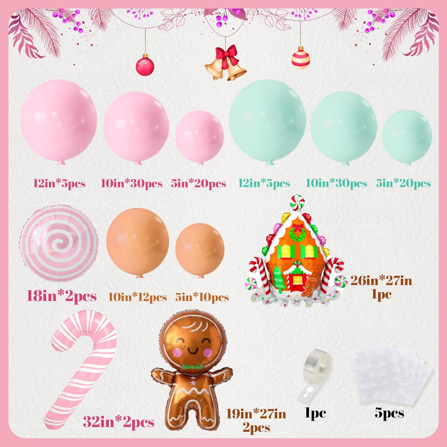 Gingerbread Balloon Arch 139Pcs Christmas Balloon Garland Arch Kit Pastel Pink Green Balloons Arch Kit With Pink Candy Cane, Candy, Gingerbread House Balloons For Xmas Holiday Party Decorations