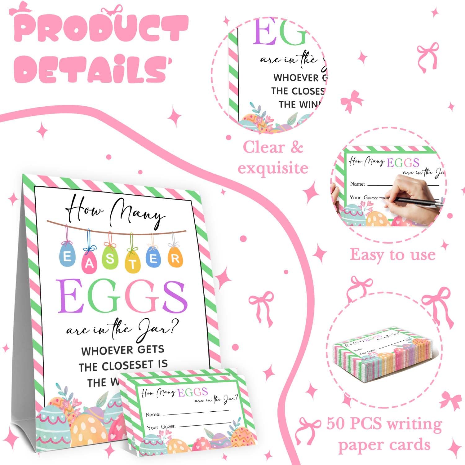 Eggs Easter Party Games For Adults Family Large Groups,Easter Games For Kids, How Many Eggs Are In The Jar,Birthday Party Game & Activities 50 Cards And Sign