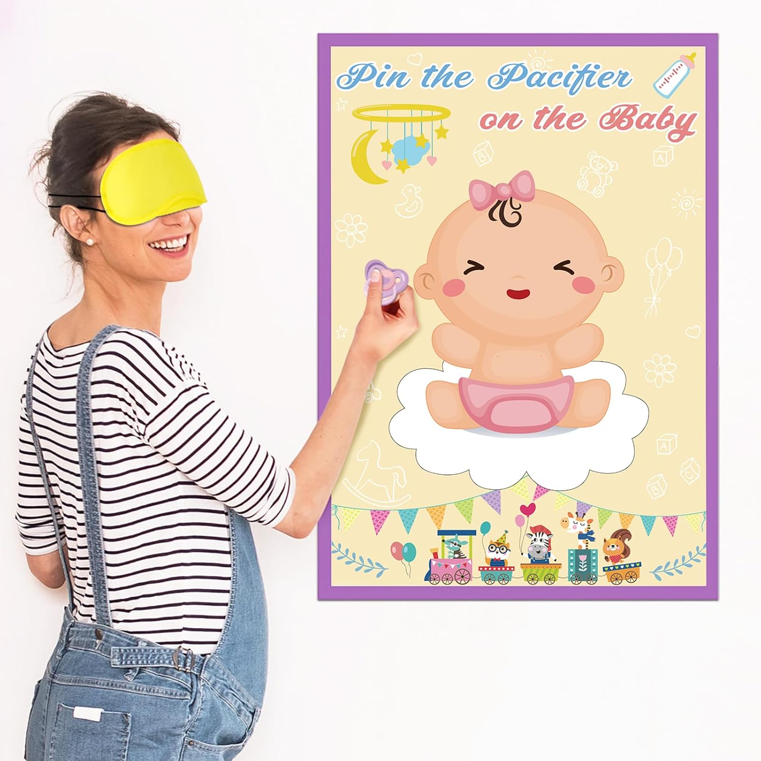 Baby Shower Game Pin The Pacifier On The Baby Game, Large Girl Baby Poster Games For Girl Kids Baby Shower Party Birthday Party Supplies - 72 Pacifier Stickers