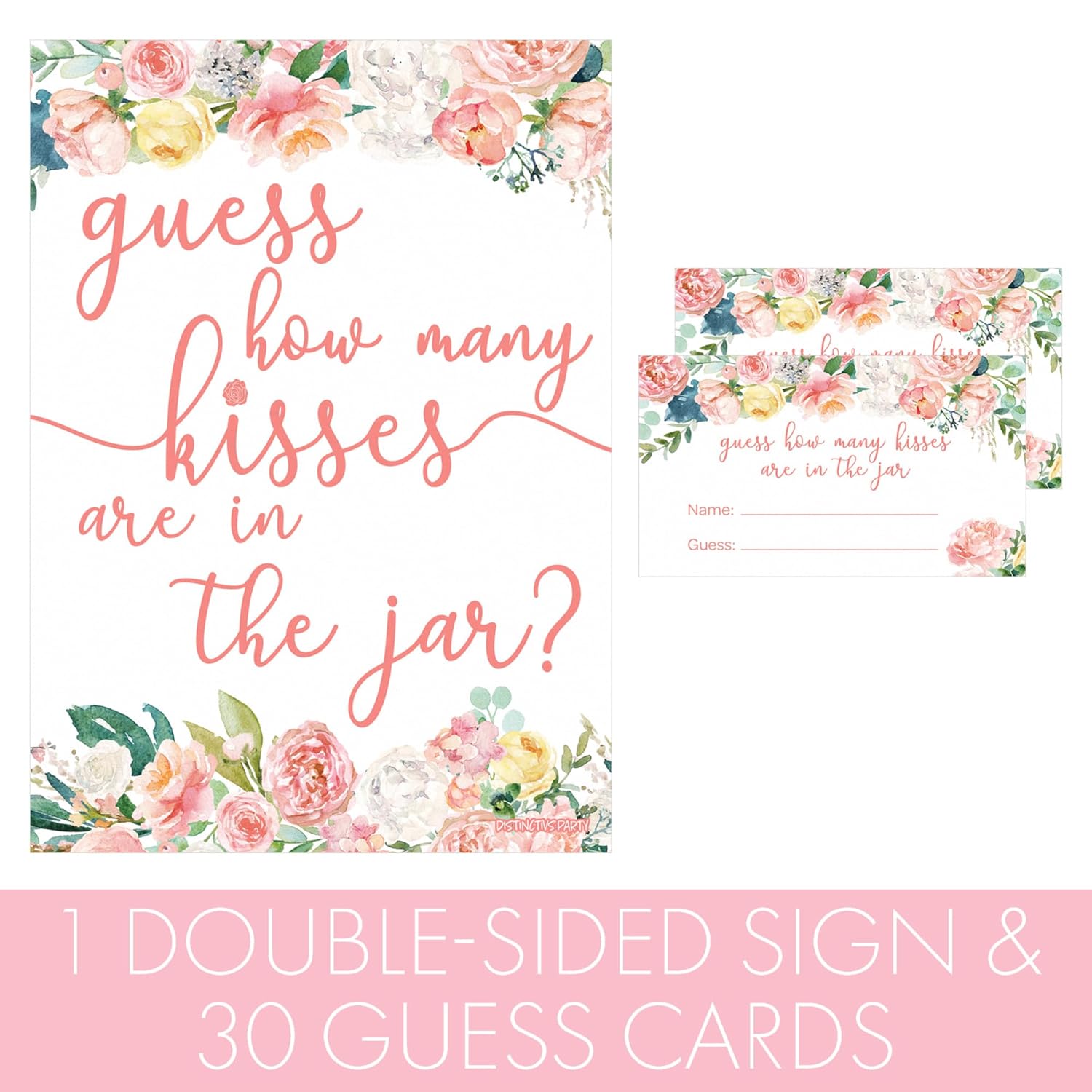 Guess How Many Kisses In The Jar Game - Bridal Shower, Wedding Brunch, Floral Birthday Party Idea (Sign With Cards)