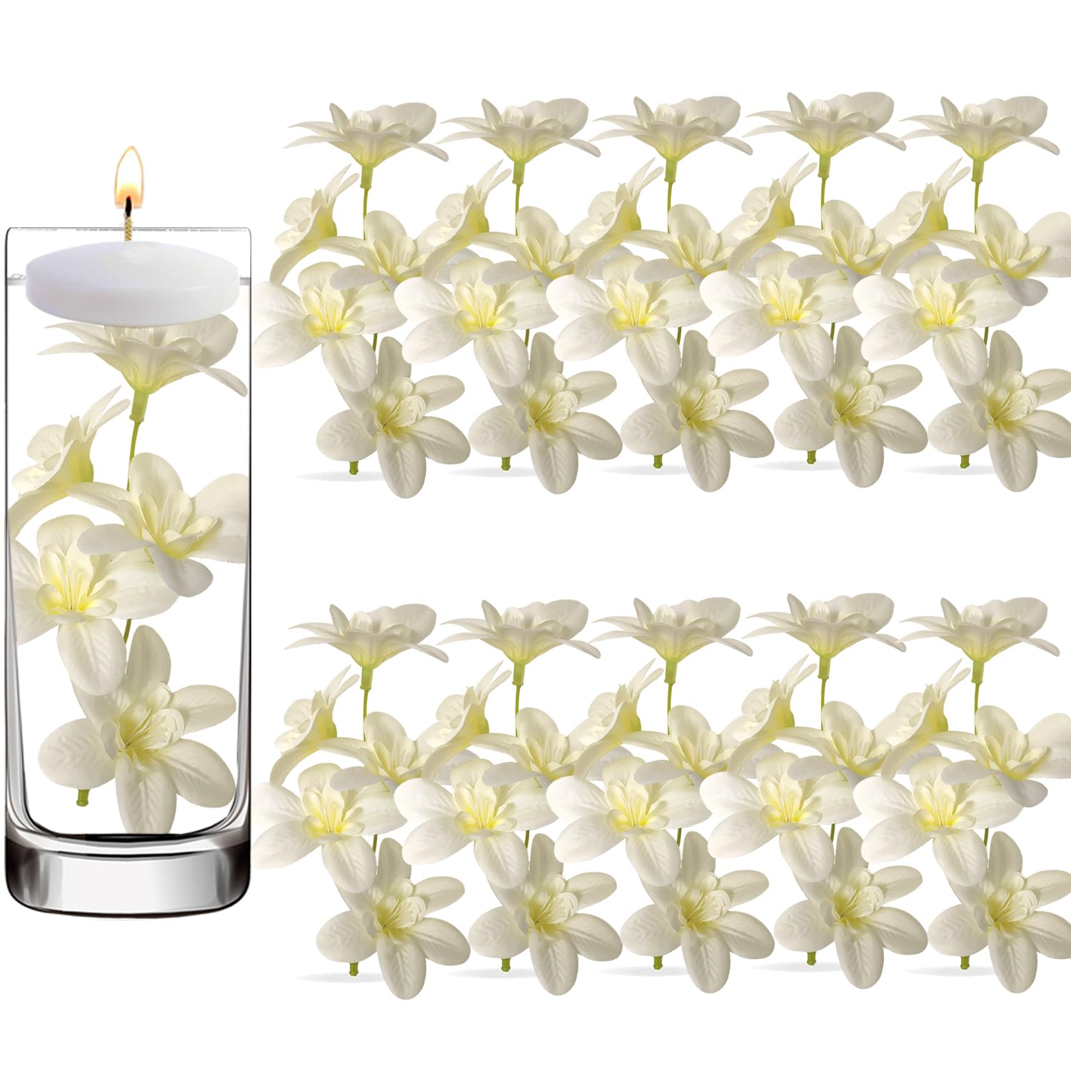 10 Pcs Artificial Flowers For Floating Candles Centerpiece Orchid Faux Flower Vase Fillers For Birthday Wedding Dinning Table Party Home Bar Restaurant Decor (Milky White)