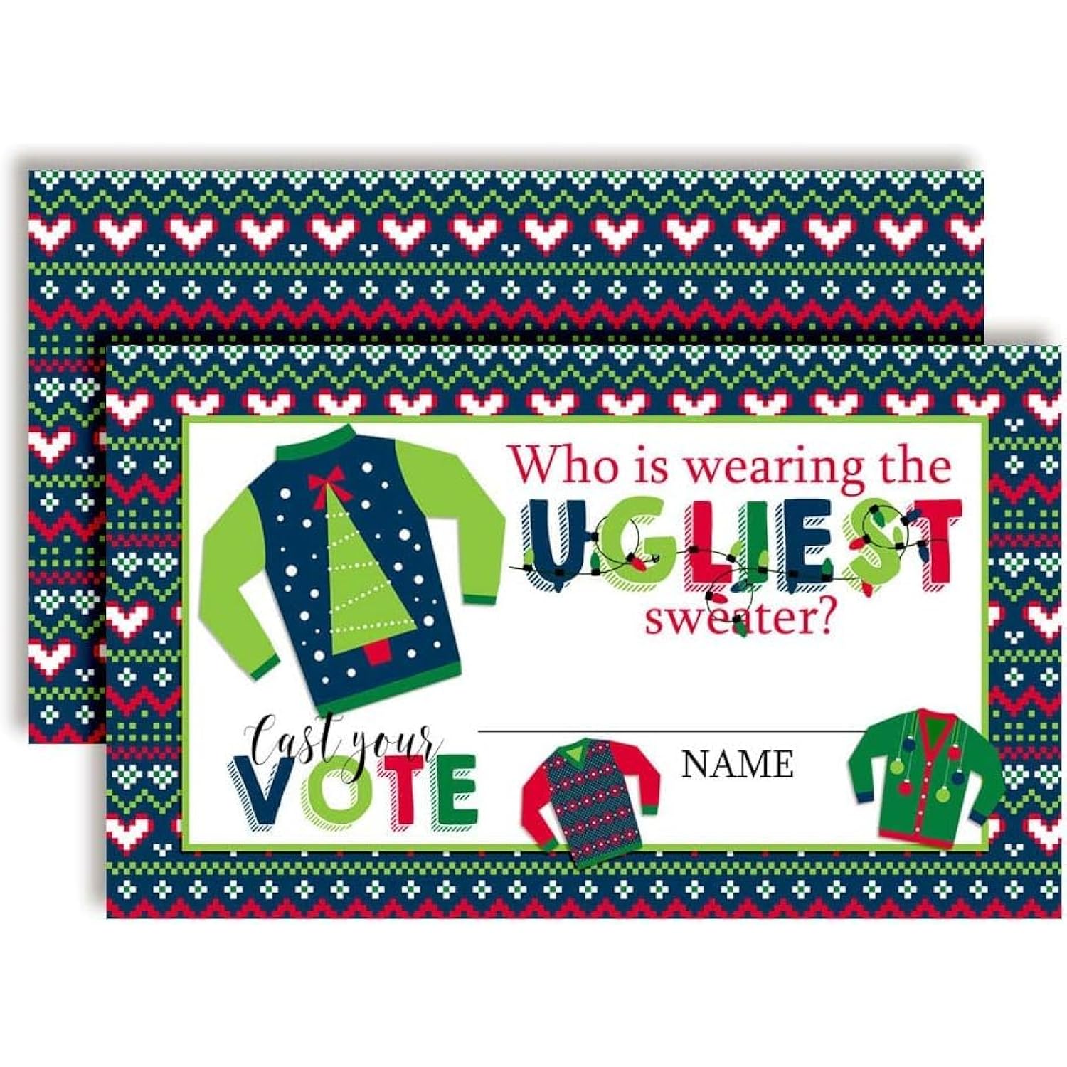 Ugly Sweater Christmas Games 20 Holiday Voting Cards 2" X 3" Double-Sided Party Game Cards For Themed Christmas Party, Fun Activity, Cute Festive Design, Made In Usa By