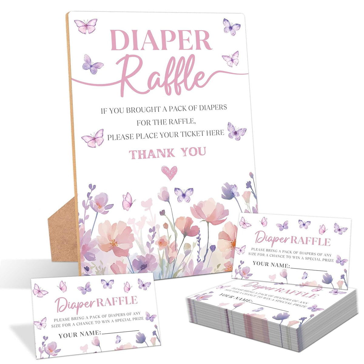 Butterfly Baby Shower Diaper Raffle, Pack Of 1 Wooden Tabletop Sign With Stand And 50 Diaper Raffle Tickets, Purple Butterfly Baby Shower Game, Gender Reveal Party Decorations - Eh12