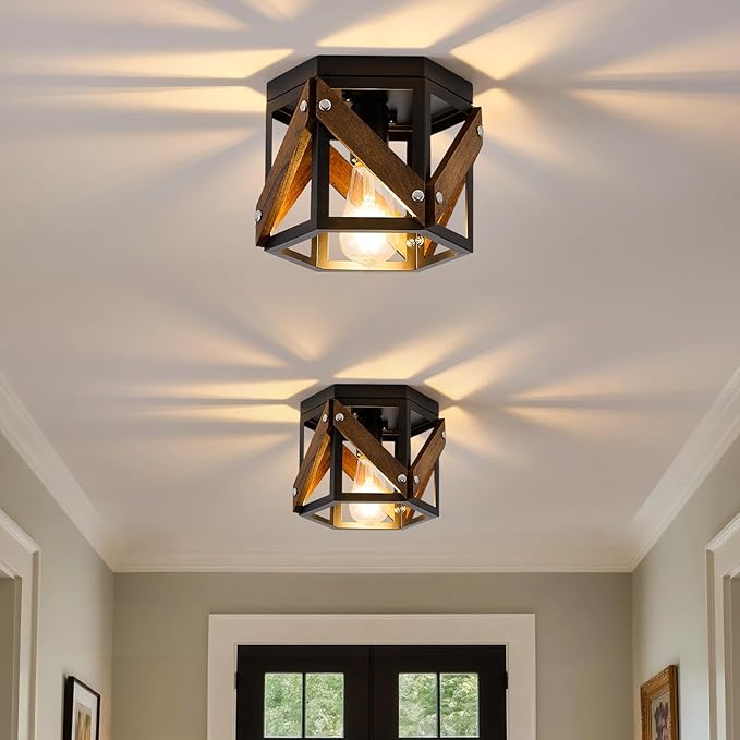 2 Pack Farmhouse Flush Mount Ceiling Lights Rustic Wood and Black Metal Cage Fixtures