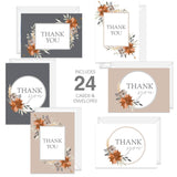 Indie Autumn Floral Thank You Cards / 24 Gratitude Cards With White Envelopes / 6 Boho Feather And Leave Appreciation Designs / 3 1/2" X 4 7/8" Orange Grey Bridal Shower Thanks Note Cards