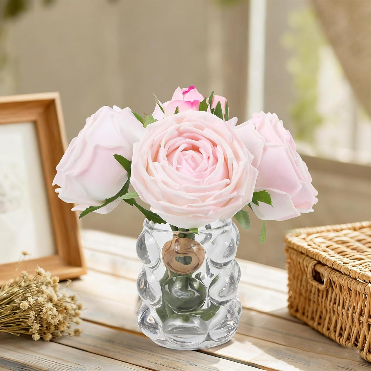 Fake Flowers With Vase,Real Touch Light Pink Roses Realistic Faux Flowers In Vase For Wedding Home Dining Table Centerpiece Decor(Light Pink)