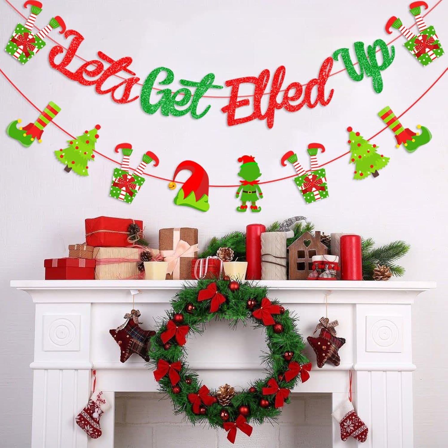Christmas Holidays Decorations Red And Green - Let'S Get Elfed Up Banner, Merry Christmas Banner Garland For Mantle Fireplace Winter Holiday Indoor Outdoor Party Supplies
