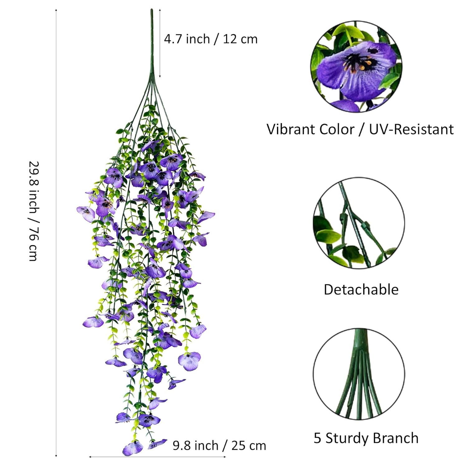 Artificial Fake Pansy Flower Plants With Greenery For Outdoor Outside Decoration, 30-Inch Faux Silk Uv Resistant Long Trailing Vine For Front Door Porch Planter Urn Patio Balcony(4 Pcs, Purple, White)