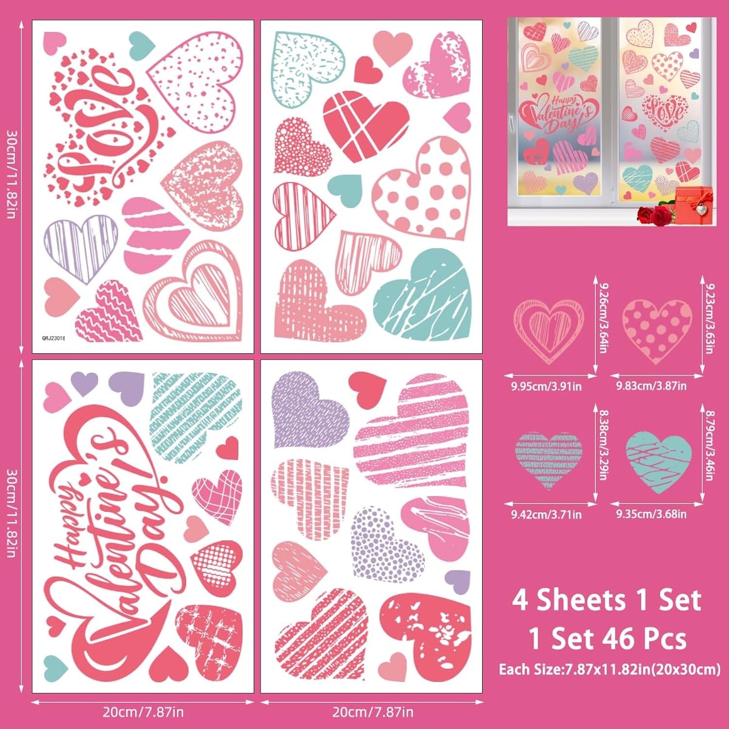 4 Sheet Valentines Window Cling Stickers Happy Valentines Day Double-Sided Heart Window Decals Red Pink White Love Heart Designs Electrostatic Glass Window Stickers Decor For Party Glass Supplies