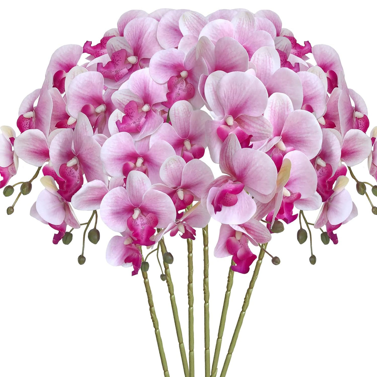 6 Pcs Artificial Orchid Flowers Artificial Phalaenopsis Flowers 32 Inch Stem Plants For Home Wedding Decoration (White Flower Purple Core)
