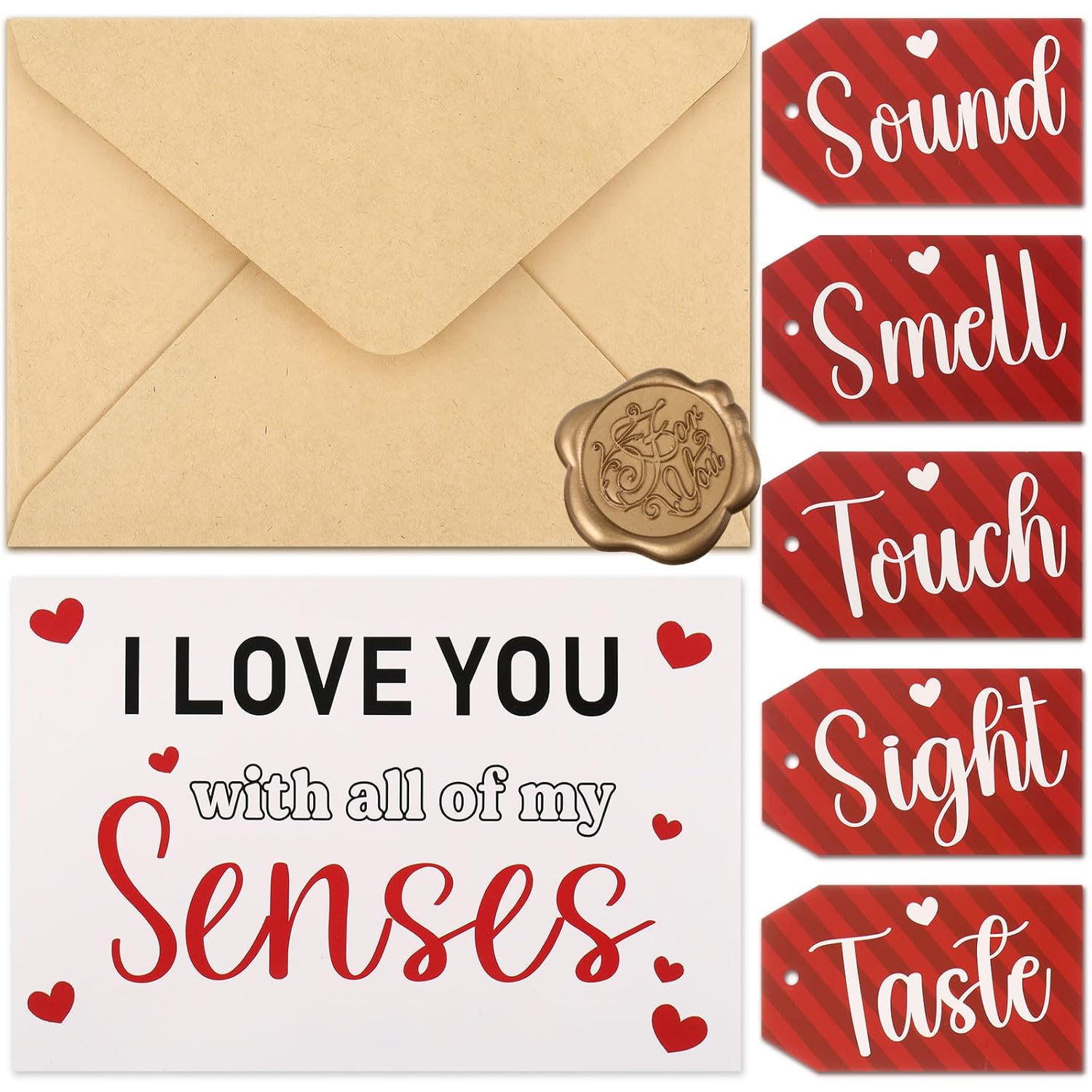 Five 5 Senses Gift Cards For Him Her With Labels Set I Love You With All Of My Senses Gift Greeting Card For Anniversary Birthday Valentines Day Boyfriend(Kraft,Red)