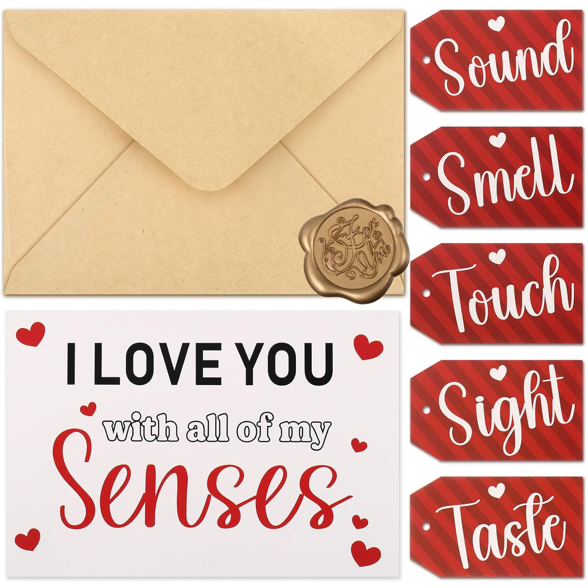 Five 5 Senses Gift Cards For Him Her With Labels Set I Love You With All Of My Senses Gift Greeting Card For Anniversary Birthday Valentines Day Boyfriend(Kraft,Red)