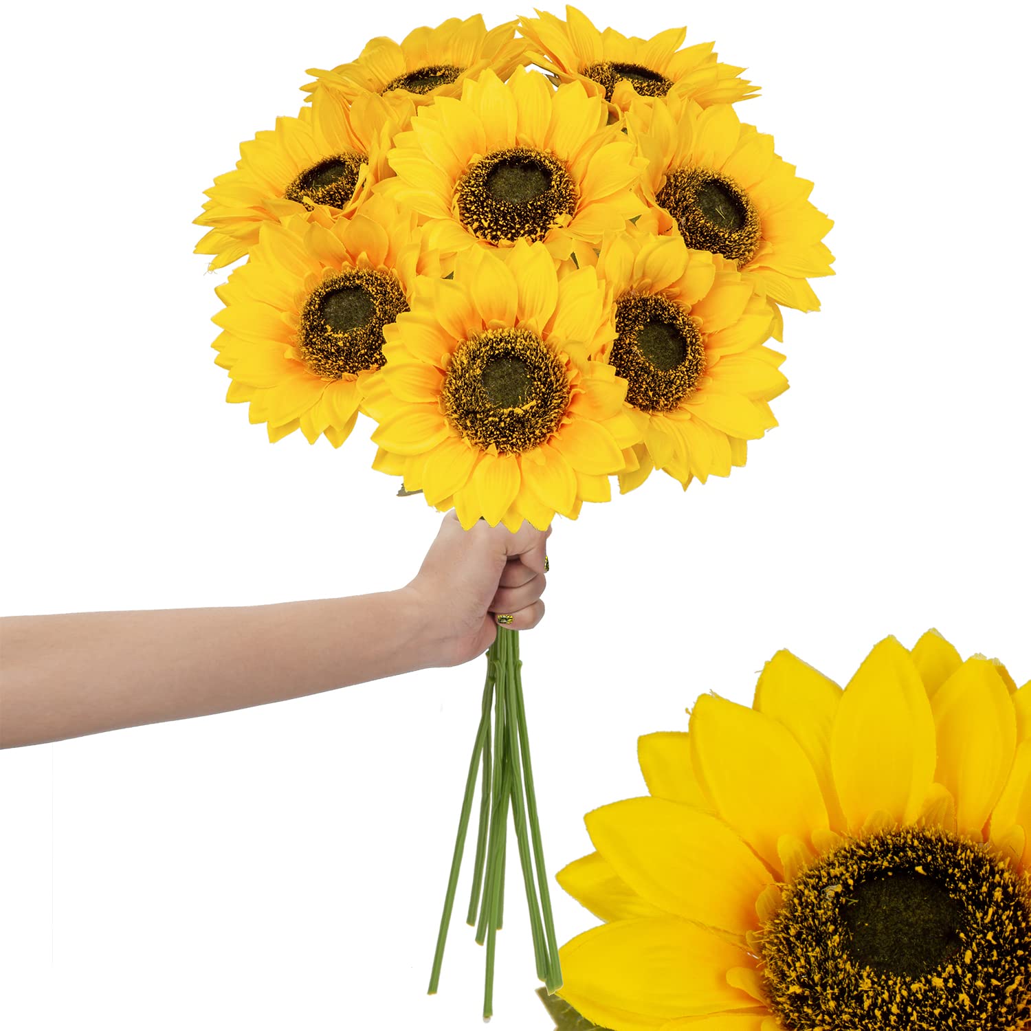 8 Pcs Large Sunflowers Artificial Flowers 6" Full Bloom Long Stem Artificial Sunflower 25.6" Tall Sun Flowers Giant Silk Sunflowers With Stem Fake Sunflower Floral Arrangement For Home Wedding Decor