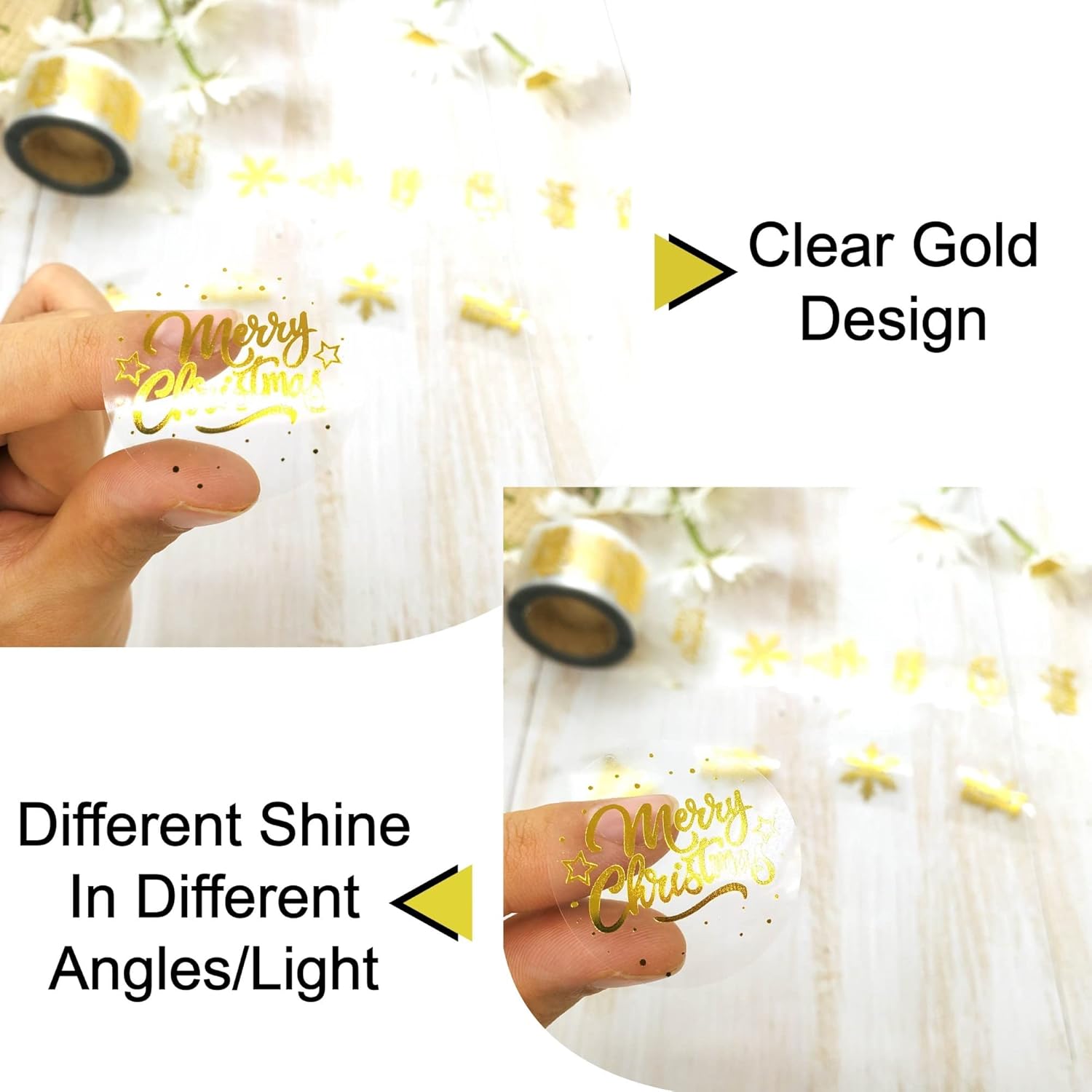 1.5 Inches/600 Christmas Stickers, 6 Clear Gold Foil Designs Merry Christmas Stickers Snowflake Stickers For Christmas Decorations Envelopes Cards Sealing Craft Decor