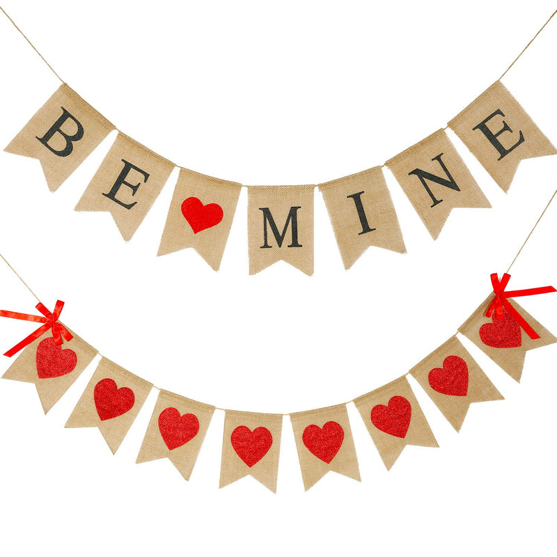 2 Pieces Valentine'S Day Banner Be Mine Banner Burlap Red Glitter Hear