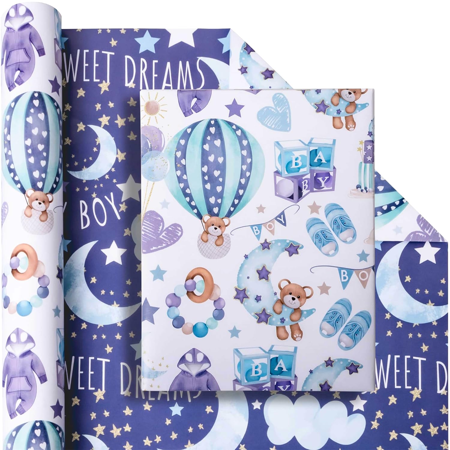 Reverible Baby Boy Wrapping Paper Roll For Boys Kids Infant - Baby Blue Gift Wrap Sheets With Bear Balloon Moon Star Patterns For Neutral Baby Shower Birthday - Total 28.5Sq.Ft