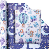 Reverible Baby Boy Wrapping Paper Roll For Boys Kids Infant - Baby Blue Gift Wrap Sheets With Bear Balloon Moon Star Patterns For Neutral Baby Shower Birthday - Total 28.5Sq.Ft