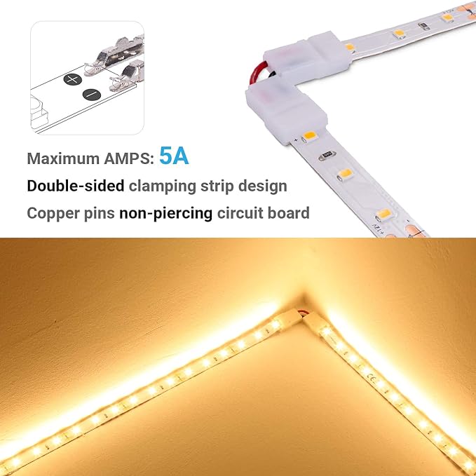2 Pin 8mm L Shape LED Strip Light Connectors 90 Degree Solderless Corner Clips for 12V 24V Tape Lights 10 Pack