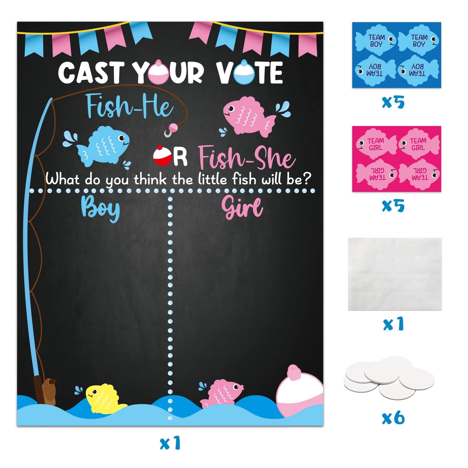 Fishing Theme Gender Prediction Game Kit - Baby Shower Voting Poster With Adhesive Fish Cutouts Decor Supplies For Guests, Kids & Adults