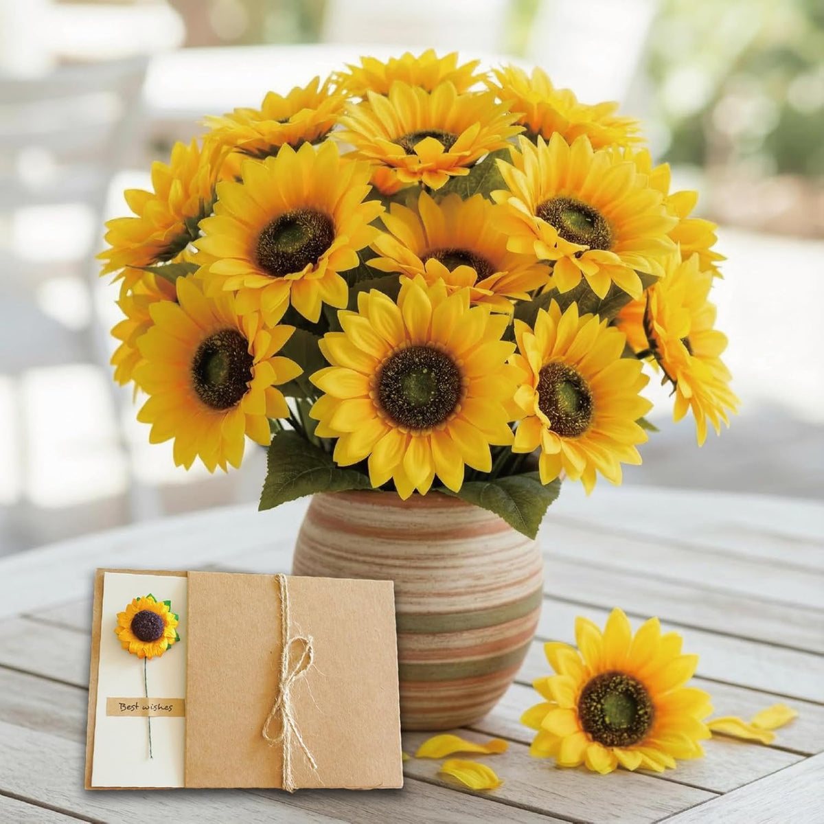 Sunflowers Artificial Flowers For Outdoor - Blank Cards, 6 Bundles Fake Flower Silk Sunflower For Wedding Patio Garden Indoor Decoration
