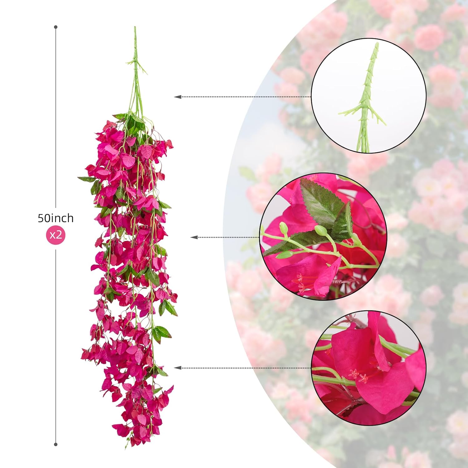 2 Pcs 50 Inch Silk Bougainvillea Artificial Flowers, Faux Triangle Plum Flowers?Fake Bougainvillea Vine, Using For Wedding Porch Home Centerpieces Party Garden Indoor Outdoor Spring Decor (Fuchsia)