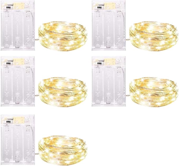 5 Pack Battery Operated Fairy Lights 7FT 20 LED Warm White String Lights with Timer Silver Wire for Bedroom Wedding Party Christmas Decor