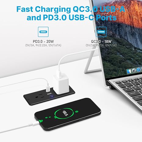 Flush Mount Furniture Power Strip USB C Ports Small Desk Outlet 6FT Black
