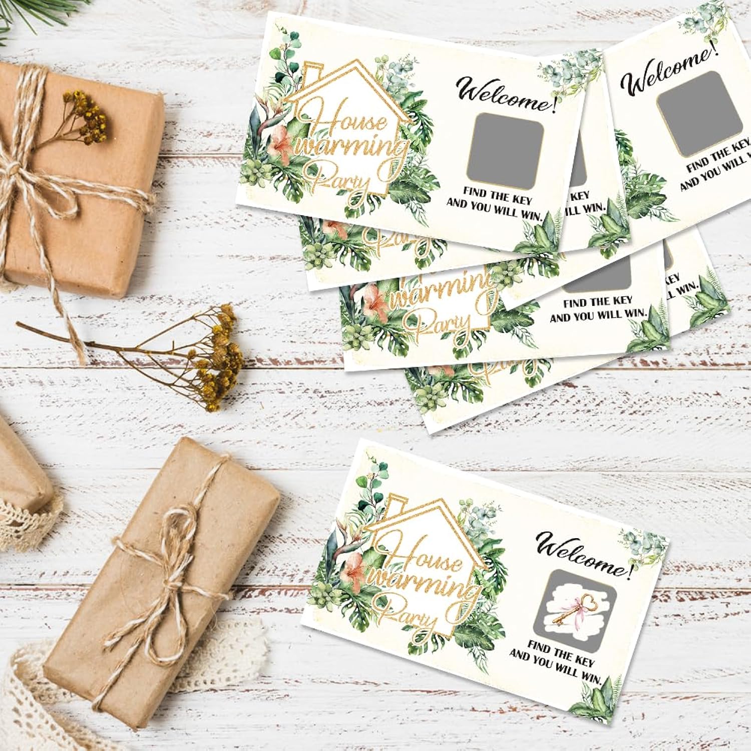 50 Psc Housewarming Scratch Off Cards, Watercolors Plants Scratch Cards For Rustic New Home New House Party Supplies, Housewarming Party Lottery Group Activity