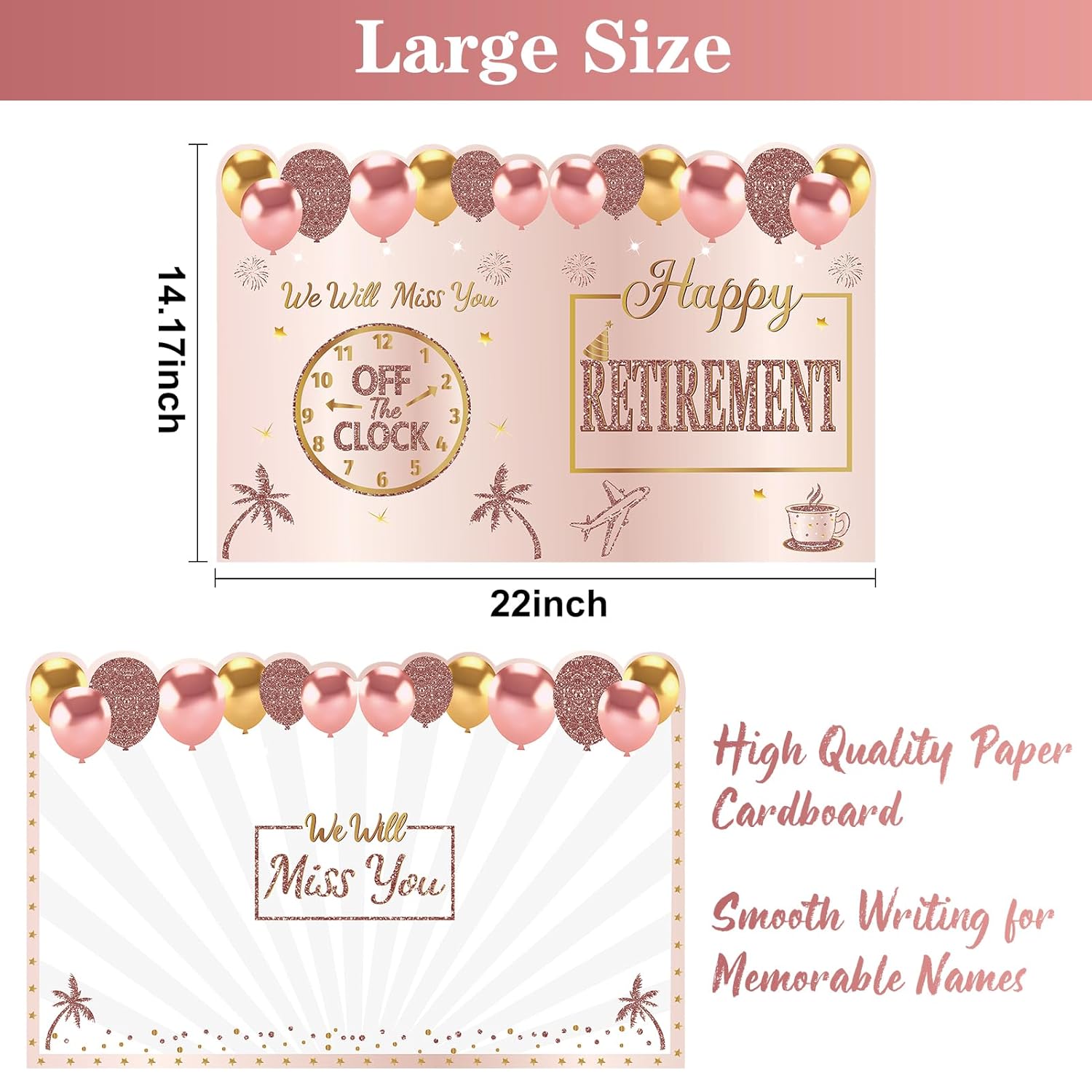 Happy Retirement Party Decorations Card For Women, Pink Rose Gold Large Retirement Card With Envelope, Jumbo Happy Retired Guest Book Greeting Card, Giant Farewell Retired Card Gifts