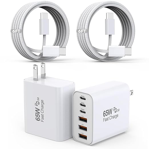 2 Pack 65W USB C Charger Block 6 Port Fast Charging Wall Charger with 6FT USB C Cable for iPhone 17 16 15 iPad