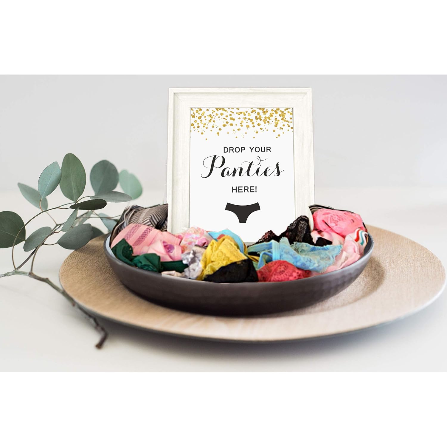 Bridal Shower Game 1 Sign + 30 Size Card White Gold Confetti Girls Night Out Bachelorette Party Drop Your Panties Game