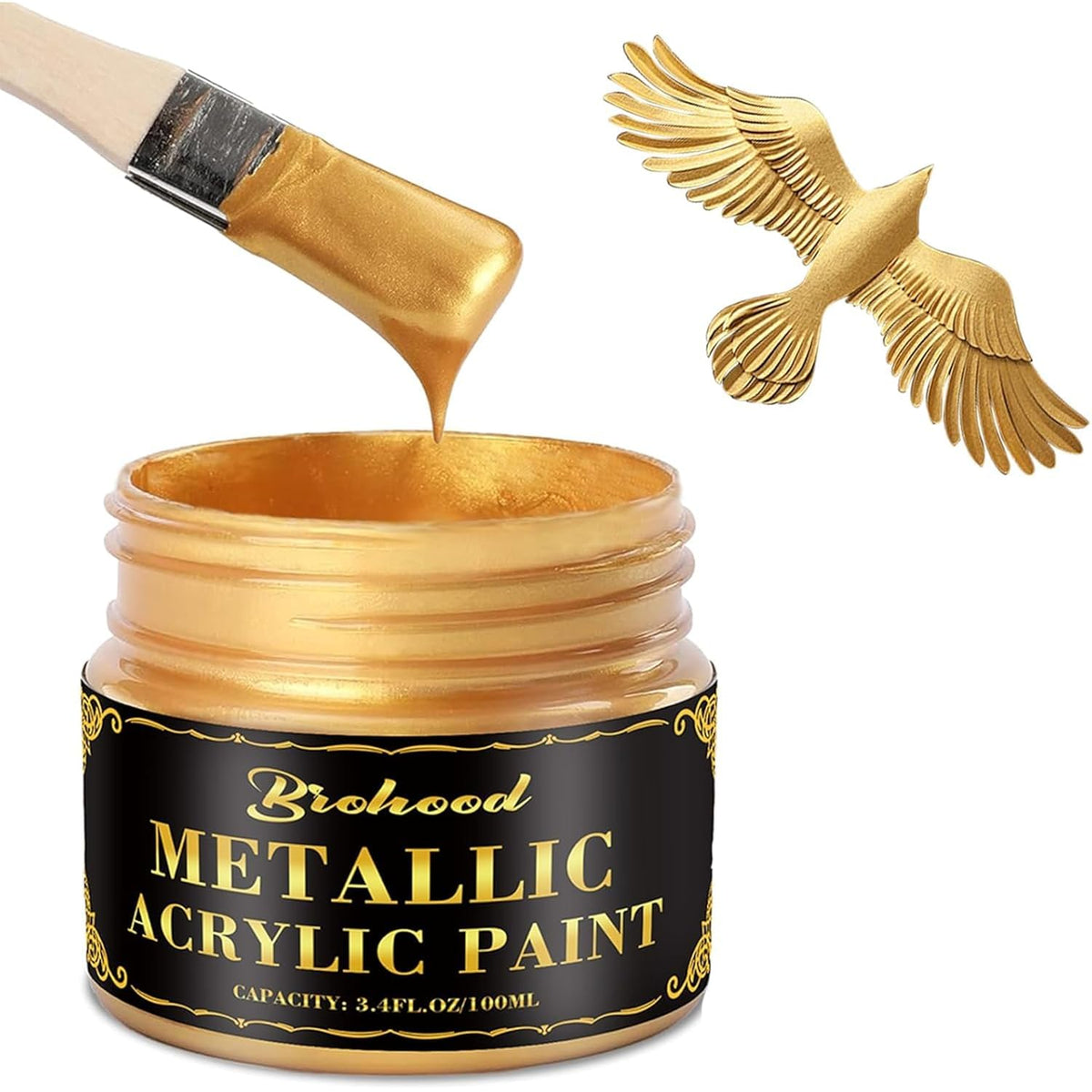 Gold Leaf Paint, 100Ml Water-Based Metallic Acrylic Paint, Golden Acrylic Paints With 2 Brushes, Fade-Resistant Gold Metallic Paints For Metal, Wood, Canvas, Crafting & Art Projects