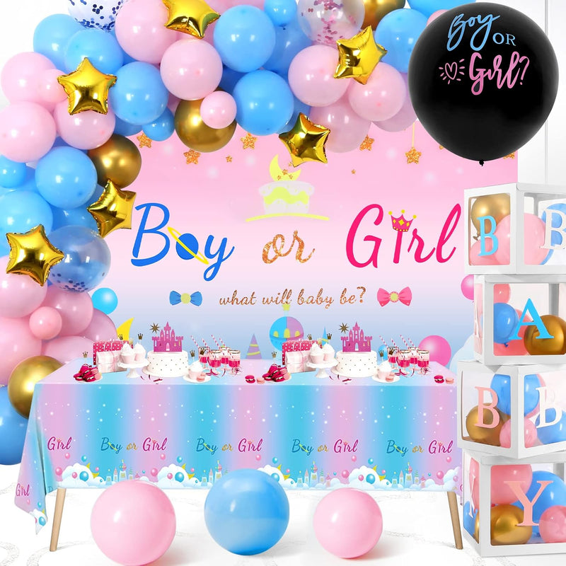 Baby Boxes Gender Reveal Balloon Decorations Kit With Backdrop, Tablec