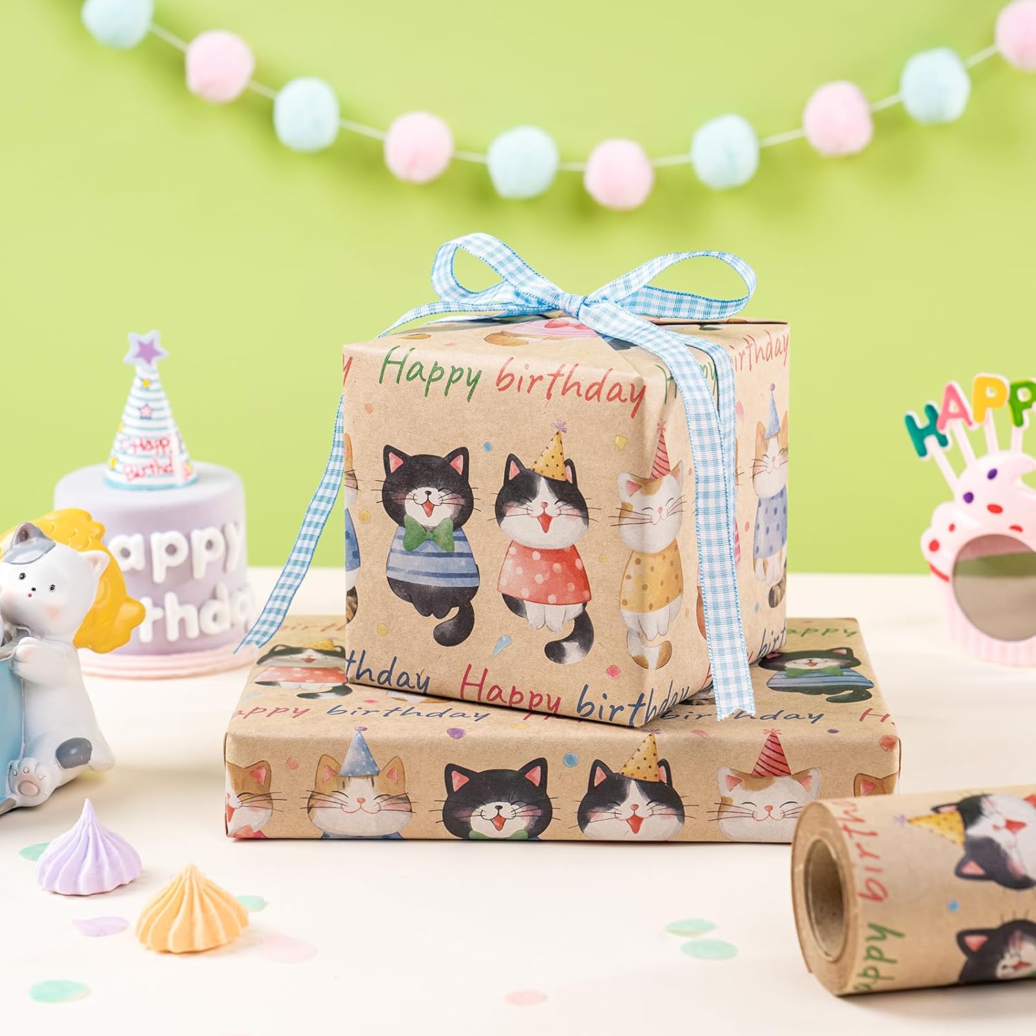 Birthday Wrapping Paper Roll For Boys Girls, Mini Roll, Adorable Cat Kitty Gift Wrap Paper, Colorful Happy Birthday Kraft Paper For Kids' Birthday, Cat Lovers Celebrations, 17 In X 16.4 Ft