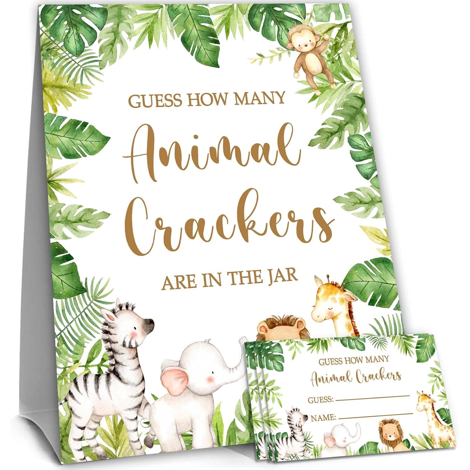 Safari Jungle Guessing Game Cards, How Many Animal Crackers Guessing, 50 Cards And Matching Sign, Safari Animal Baby Shower
