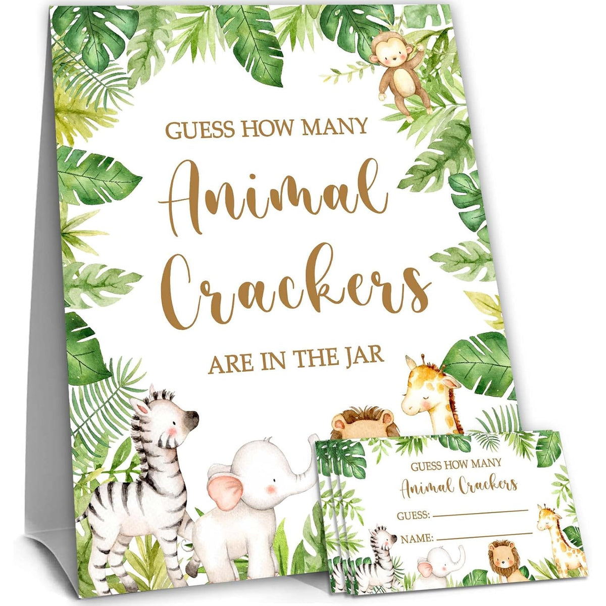 Safari Jungle Guessing Game Cards, How Many Animal Crackers Guessing, 50 Cards And Matching Sign, Safari Animal Baby Shower