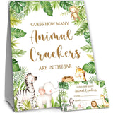 Safari Jungle Guessing Game Cards, How Many Animal Crackers Guessing, 50 Cards And Matching Sign, Safari Animal Baby Shower