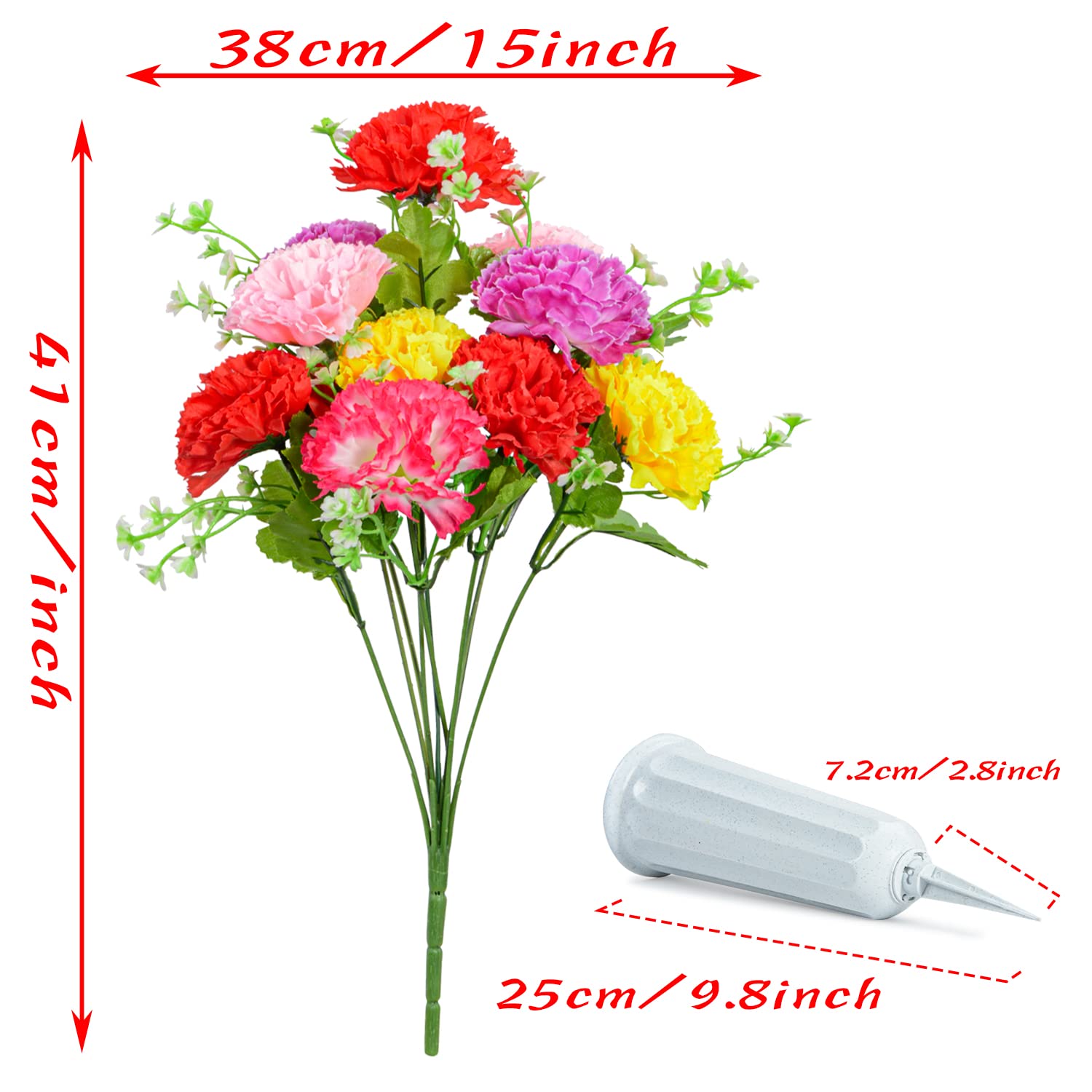 Cemetery Flowers, Set Of 2 Artificial Carnation Bouquet Grave Memorial Flowers With Vase For Cemetery Headstones Decoration (Carnation)