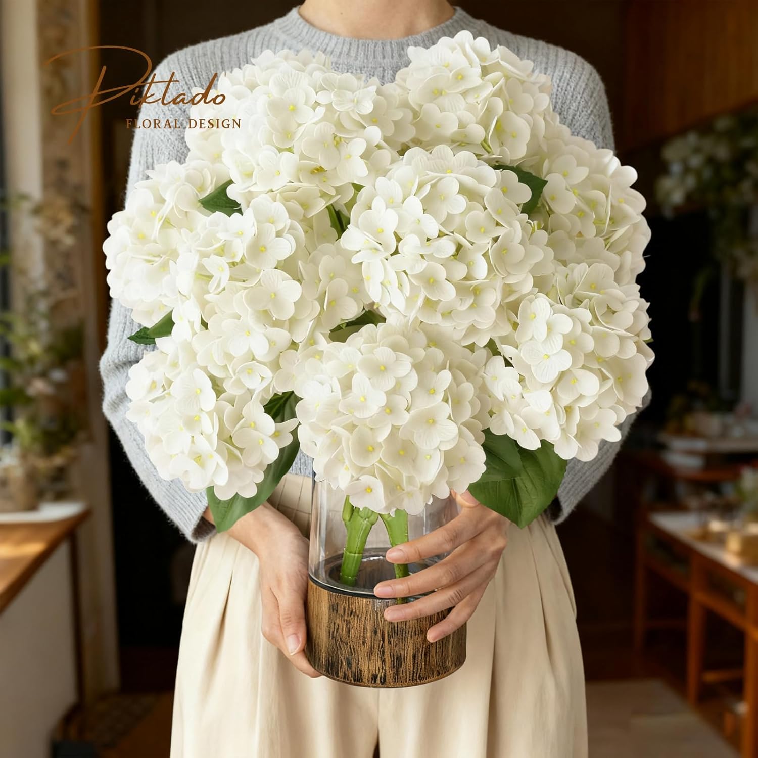 A Bunch 21In White Real Touch Hydrangea Artificial Flowers With 5Pcs Flower Head 10Pcs Leaves Faux Hydrangea Flowers For Home Office Decor Wedding Party Arrangements (1, White)