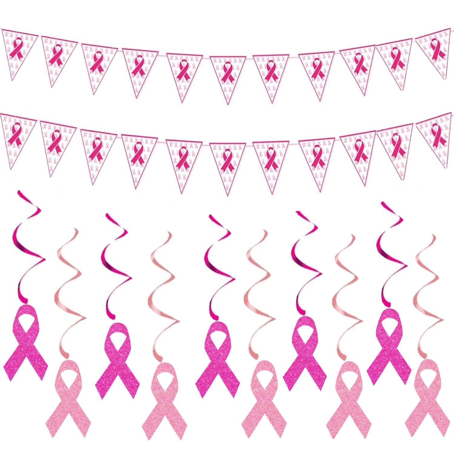 Breast Cancer Awareness Decorations Set,Glitter Pink Ribbon Hanging Swirls with Pink Ribbon Pennant Banners for Breast Cancer Free Support Party Decor Supplies