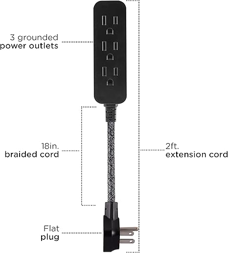 Mini Power Strip 3 Outlets 18 Inch Braided Extension Cord Compact Outlet Extender White