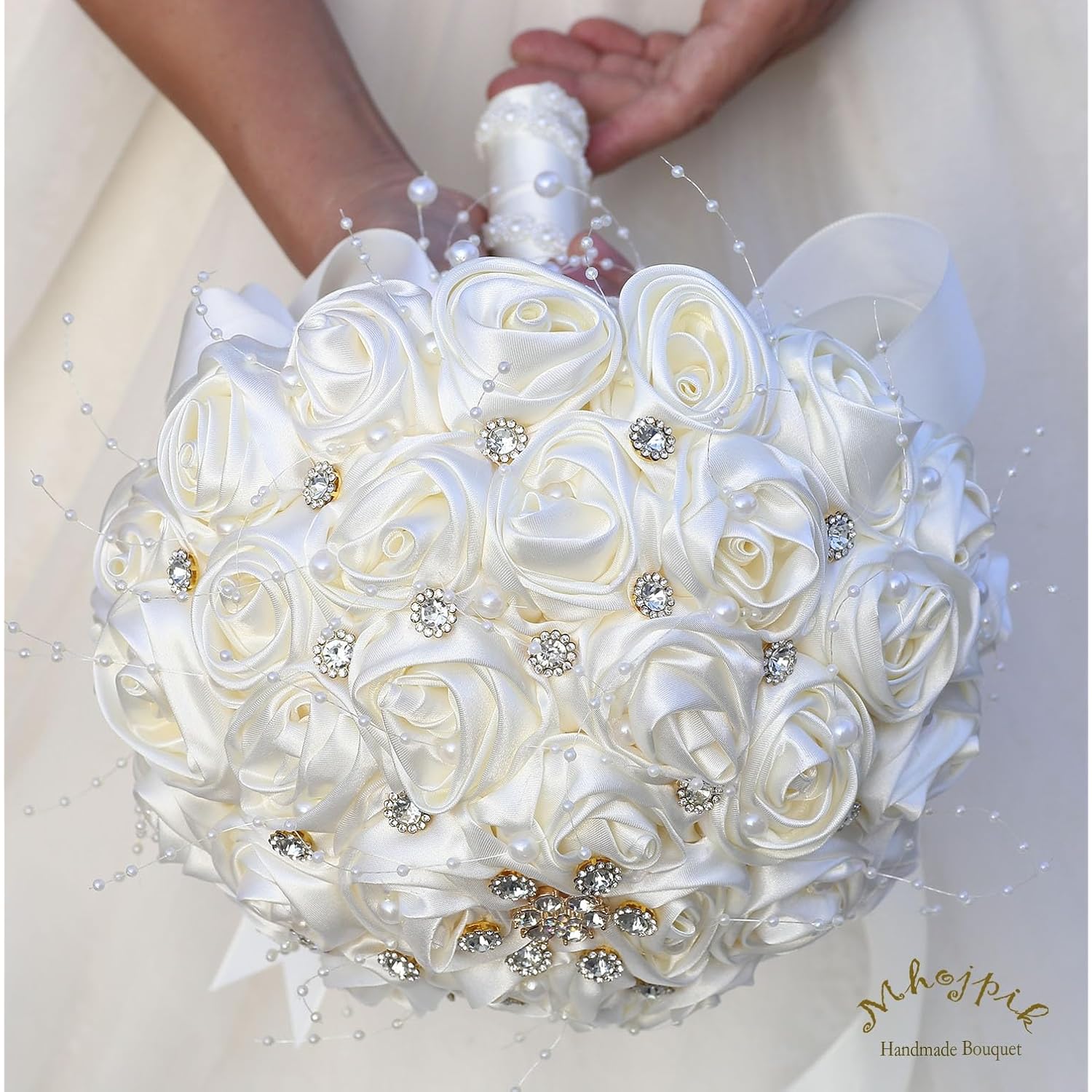 Bridal Wedding Bouquet Round Bling Brooch Bouquet Throw Toss Artificial Rose Flower Bunch For Bride Bridesmaid Wedding Quinceanera(Ivory, 7.5")