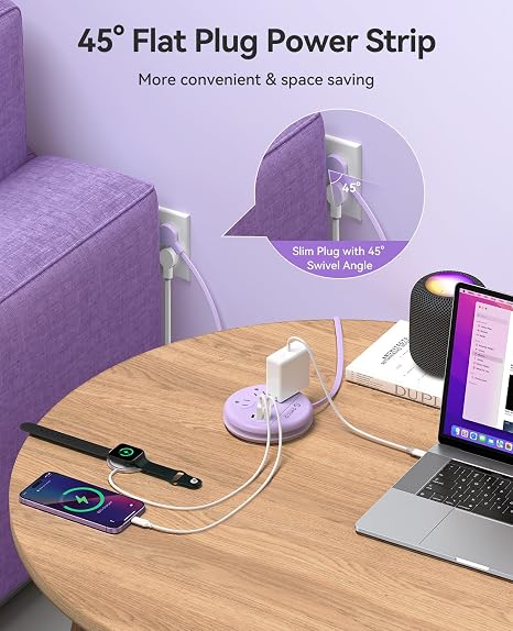 Travel Power Strip 3 Outlets 2 USB A 1 USB C 4FT Wrap Around Cord