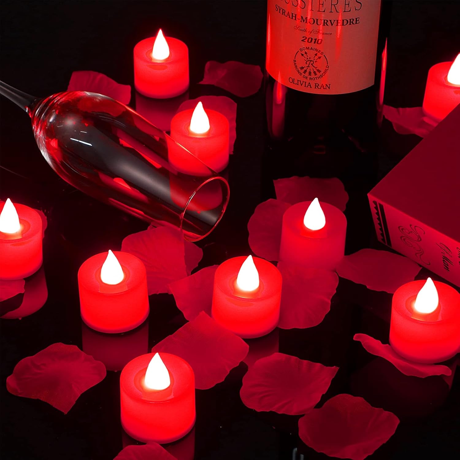 600 Pieces Artificial Rose Petals With 12 Pieces Led Tea Lights Candle Romantic Candle For Romantic Night Valentine Anniversary Wedding Honeymoon(Red Light)