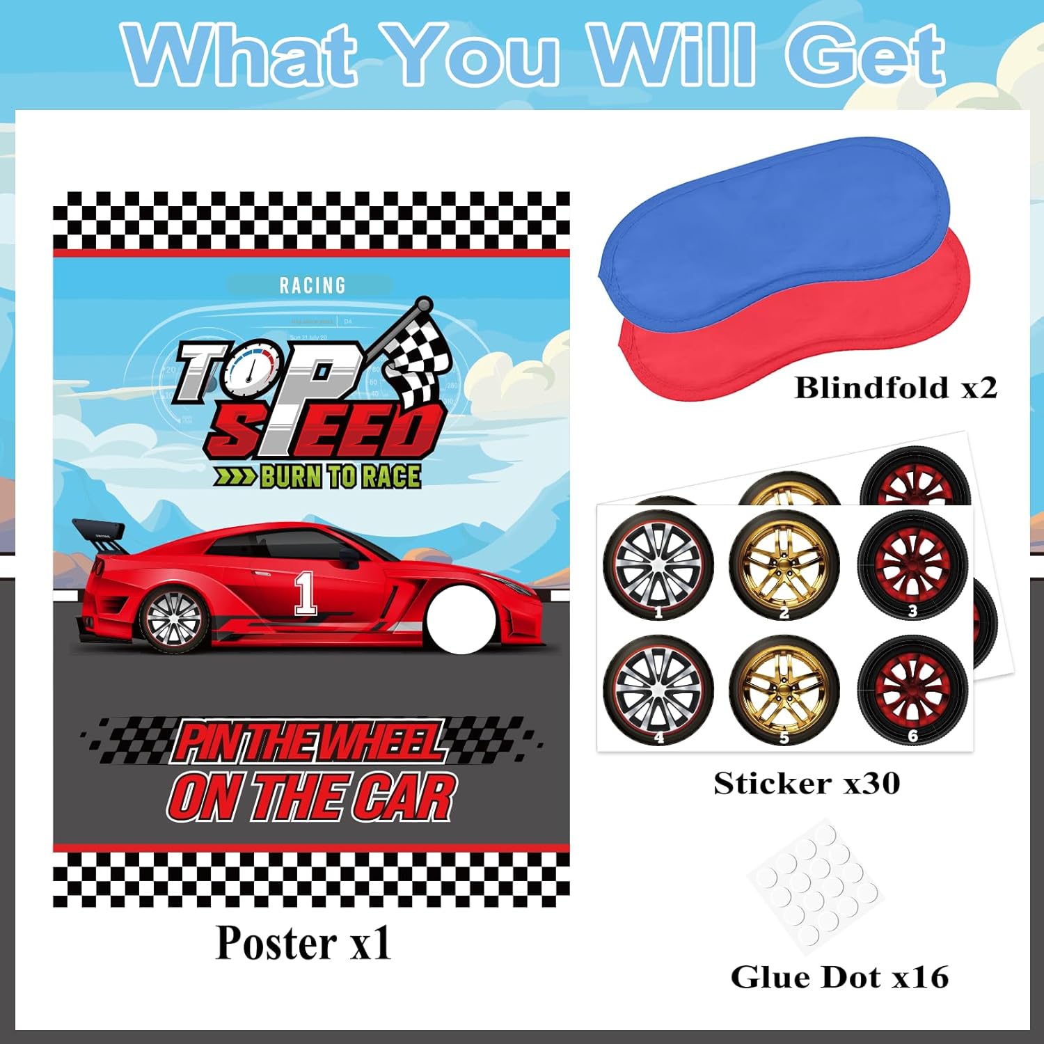 Pin The Wheels On The Car Games, Race Car Birthday Party Games With 30 Tyres Stickers, 2 Blindfolds For Car Theme Birthday Party Baby Showe Game Racing Car Party Gifts Decor