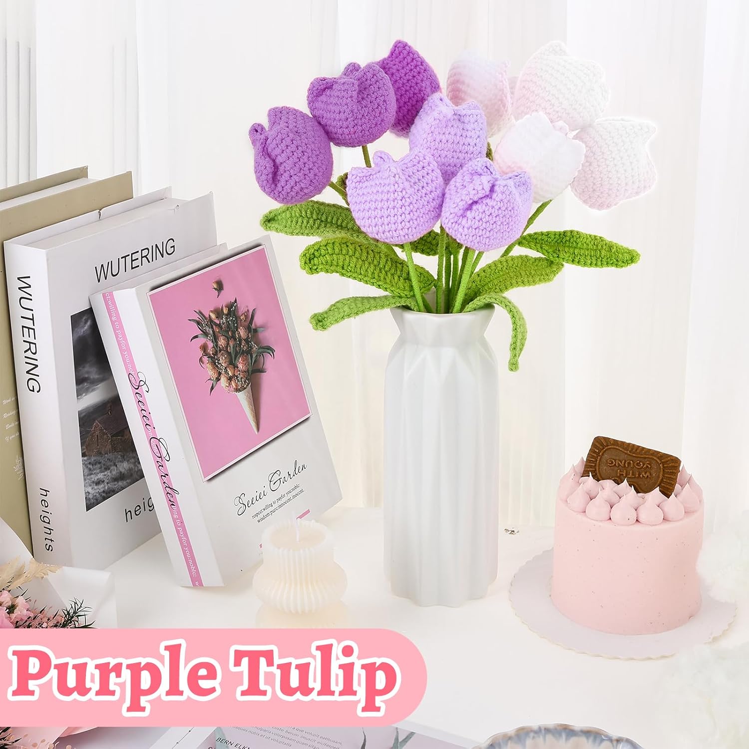 10 Pcs Crochet Tulips Flowers Artificial Flowers Bouquet Finished Handmade Knitted Tulip Bouquets With Leaf And Long Stem For Home Centerpieces Decor Valentine'S Day Wedding Anniversary
