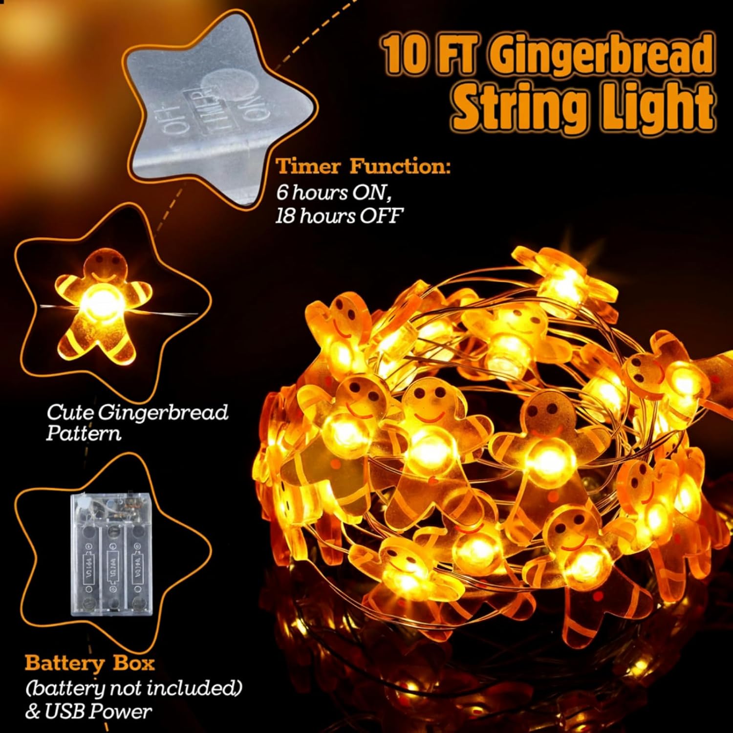 1 Pack Christmas Gingerbread Man String Lights, Indoor Xmas String Light, Waterproof Christmas Usb Battery Powered Led,